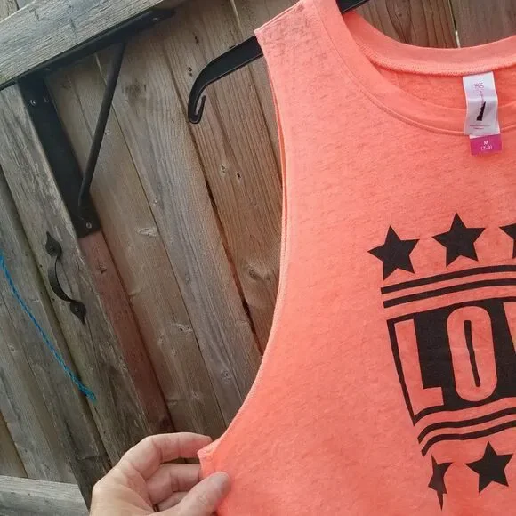 Juniors Tank Top Medium 7/9 Bright Orange Love w/Stars Slit Open Back NWOT - Picture 7 of 12
